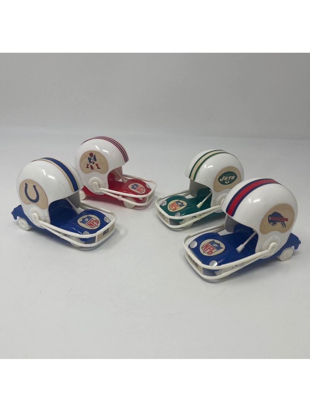 Vintage NFL Mini Helmet Buggy Toy Car Lot - Bills, Colts, Jets, Patriots